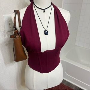 Maroon red burgundy corset style halter tie tank top open cut front basic solid